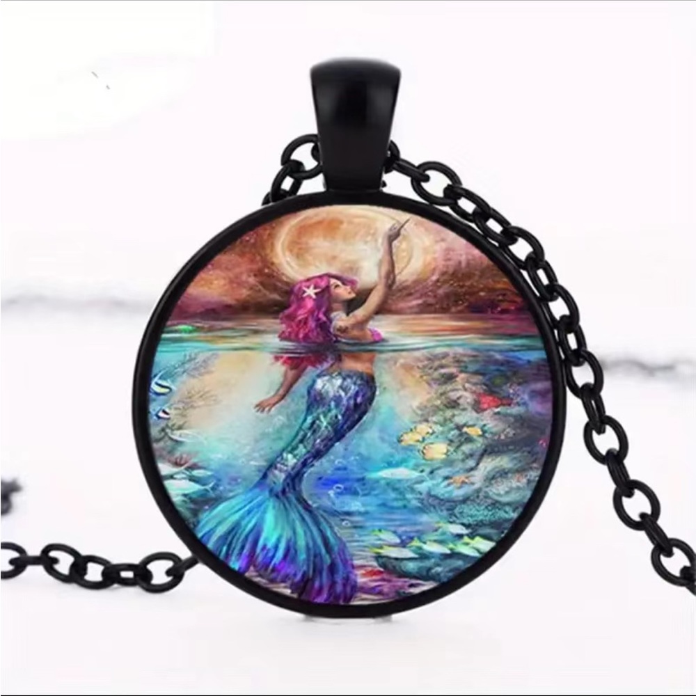 Colorful Mermaid Pendant Black Chain Necklace